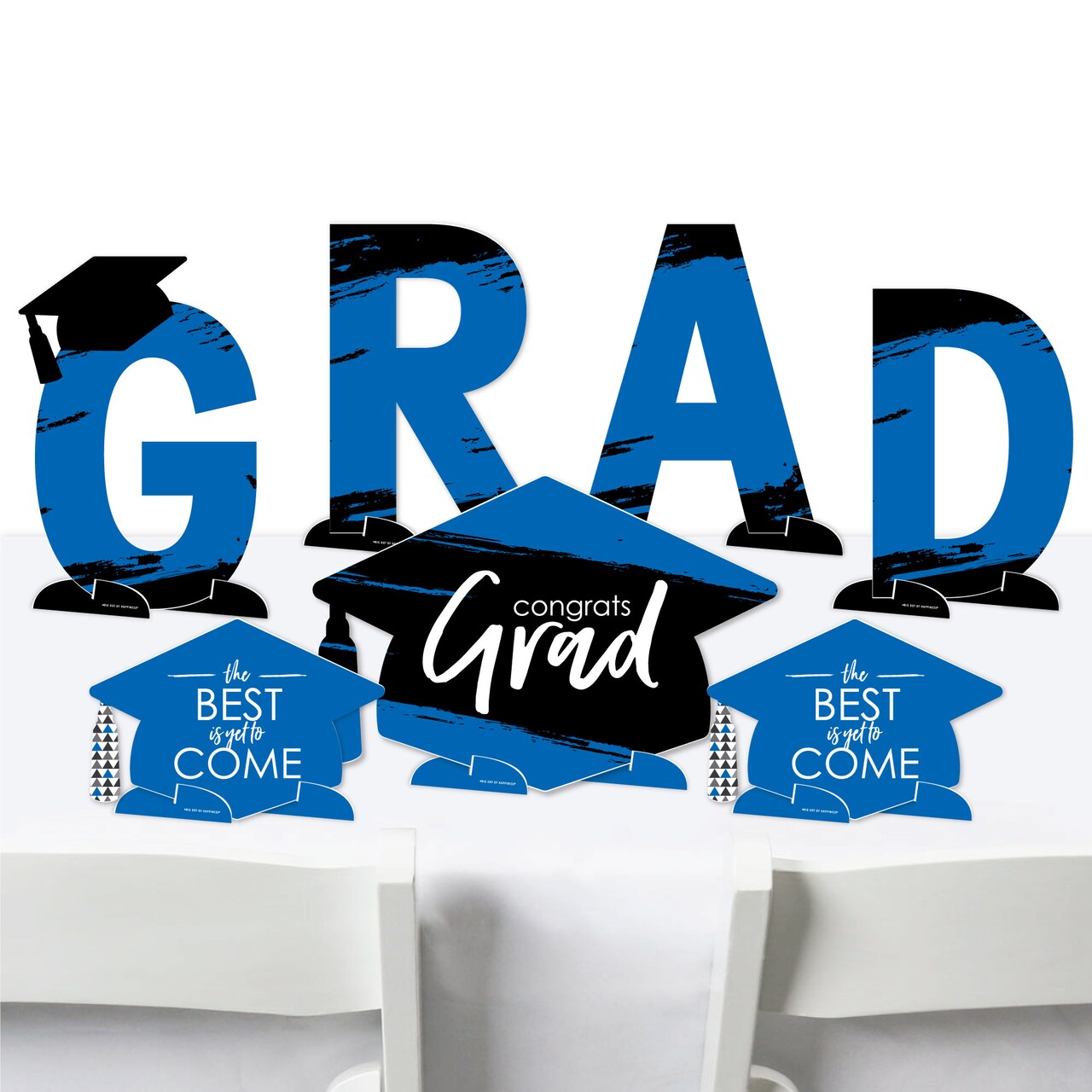 Big Dot of Happiness Blue Graduation Party Centerpiece Table Decorations - Tabletop Standups - 7 Pieces